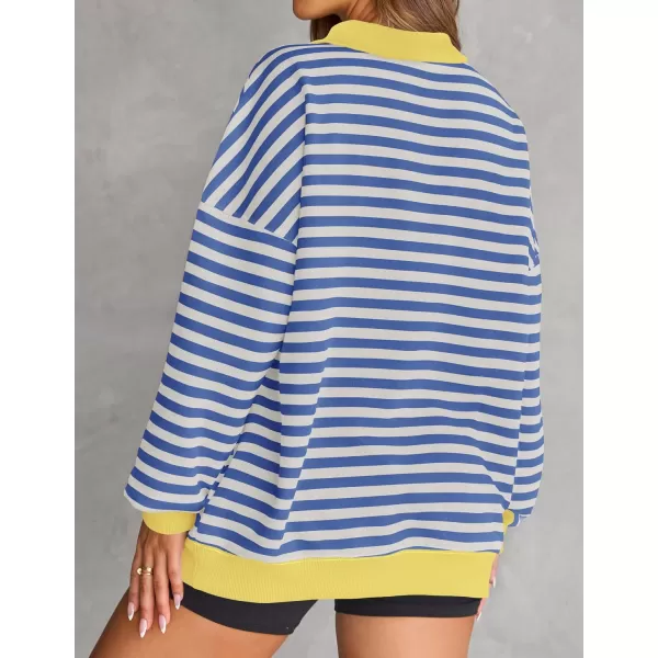 ZESICA Sweatshirts for Womens Long Sleeve Lapel V Neck Striped Oversized TopsBlue