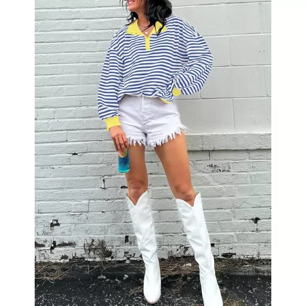 ZESICA Sweatshirts for Womens Long Sleeve Lapel V Neck Striped Oversized TopsBlue