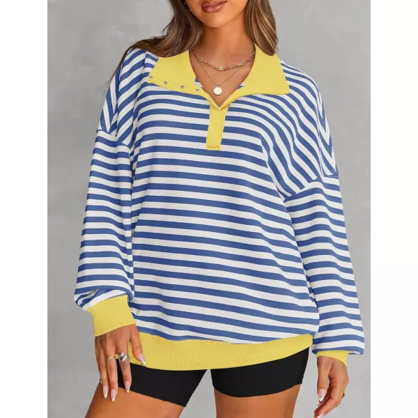ZESICA Sweatshirts for Womens Long Sleeve Lapel V Neck Striped Oversized TopsBlue