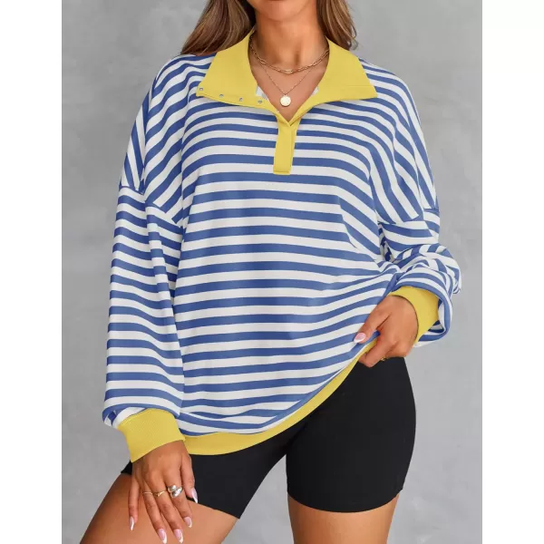 ZESICA Sweatshirts for Womens Long Sleeve Lapel V Neck Striped Oversized TopsBlue