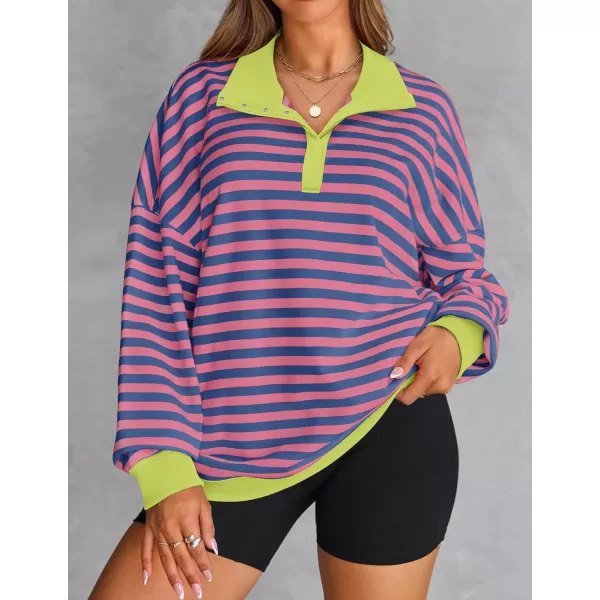 ZESICA Sweatshirts for Womens Long Sleeve Lapel V Neck Striped Oversized TopsBlue Pink