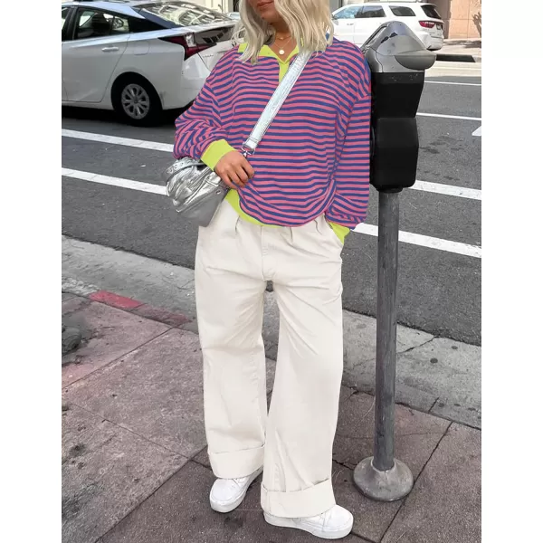 ZESICA Sweatshirts for Womens Long Sleeve Lapel V Neck Striped Oversized TopsBlue Pink