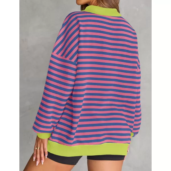 ZESICA Sweatshirts for Womens Long Sleeve Lapel V Neck Striped Oversized TopsBlue Pink