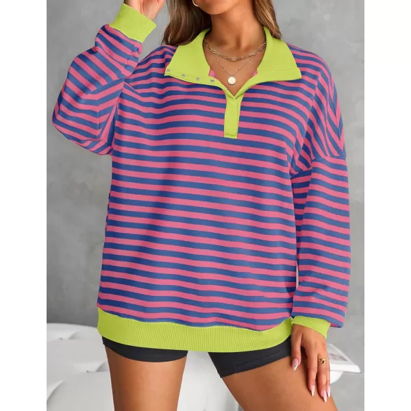 ZESICA Sweatshirts for Womens Long Sleeve Lapel V Neck Striped Oversized TopsBlue Pink