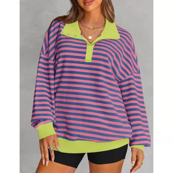 ZESICA Sweatshirts for Womens Long Sleeve Lapel V Neck Striped Oversized TopsBlue Pink