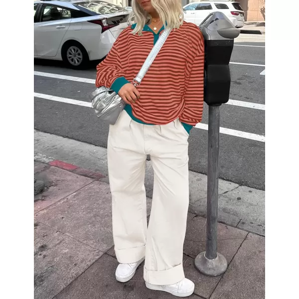 ZESICA Sweatshirts for Womens Long Sleeve Lapel V Neck Striped Oversized TopsCoral