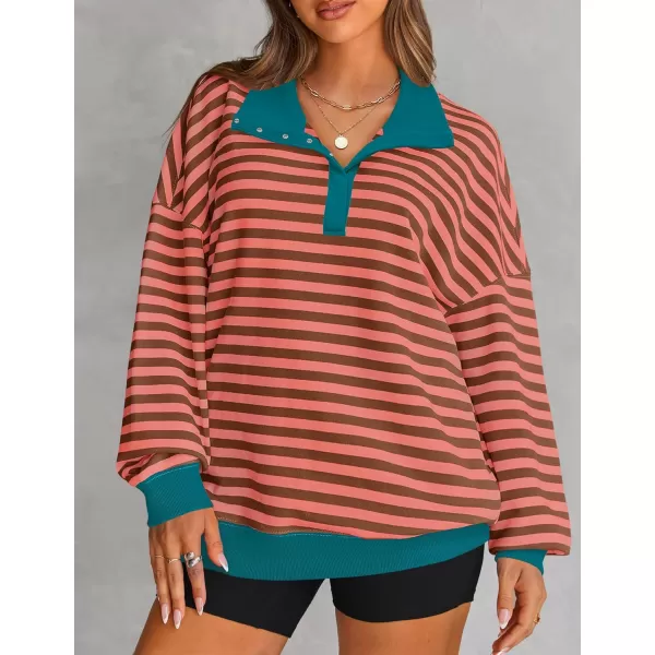 ZESICA Sweatshirts for Womens Long Sleeve Lapel V Neck Striped Oversized TopsCoral