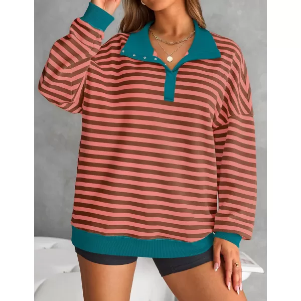 ZESICA Sweatshirts for Womens Long Sleeve Lapel V Neck Striped Oversized TopsCoral
