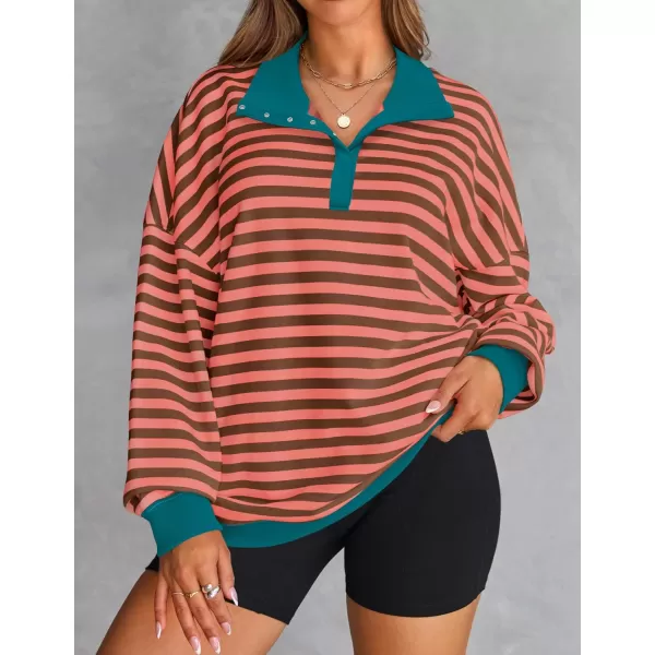 ZESICA Sweatshirts for Womens Long Sleeve Lapel V Neck Striped Oversized TopsCoral