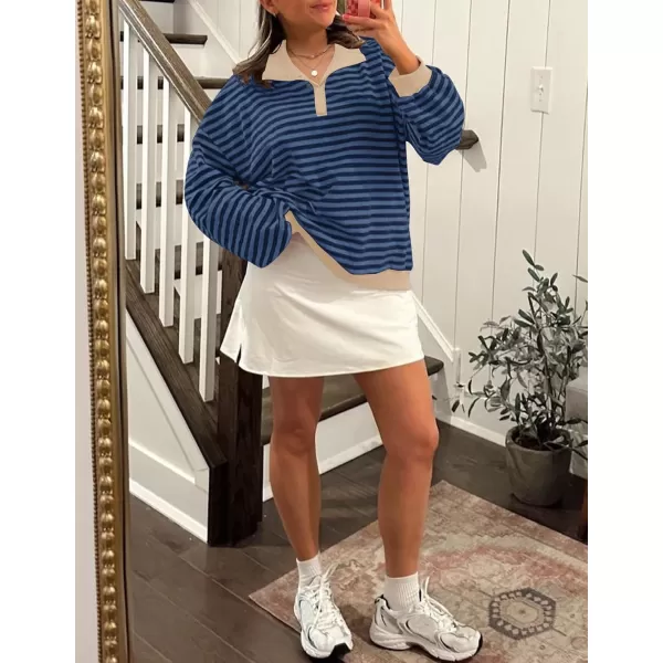 ZESICA Sweatshirts for Womens Long Sleeve Lapel V Neck Striped Oversized TopsDark Blue