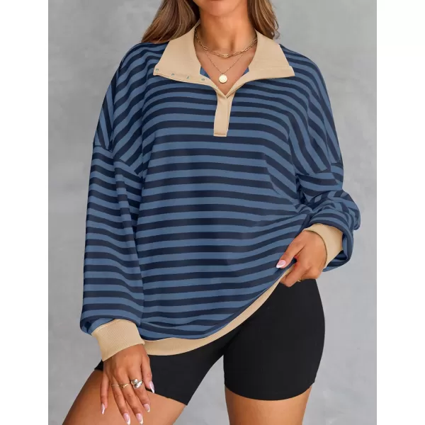 ZESICA Sweatshirts for Womens Long Sleeve Lapel V Neck Striped Oversized TopsDark Blue