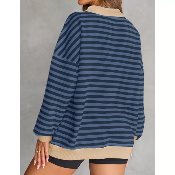 ZESICA Sweatshirts for Womens Long Sleeve Lapel V Neck Striped Oversized TopsDark Blue