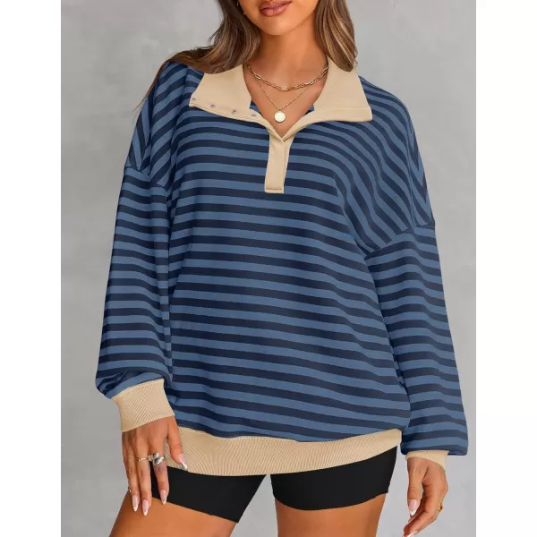ZESICA Sweatshirts for Womens Long Sleeve Lapel V Neck Striped Oversized TopsDark Blue