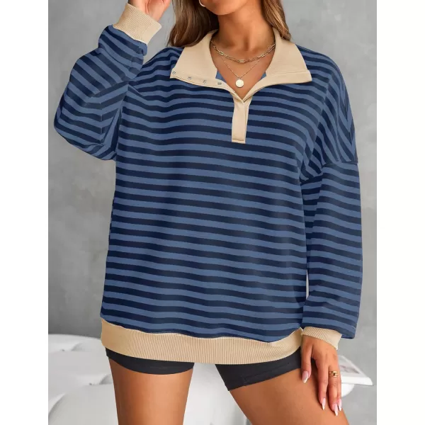 ZESICA Sweatshirts for Womens Long Sleeve Lapel V Neck Striped Oversized TopsDark Blue