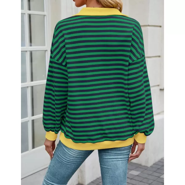 ZESICA Sweatshirts for Womens Long Sleeve Lapel V Neck Striped Oversized TopsDark Green