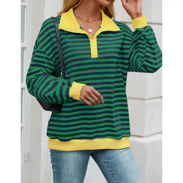 ZESICA Sweatshirts for Womens Long Sleeve Lapel V Neck Striped Oversized TopsDark Green