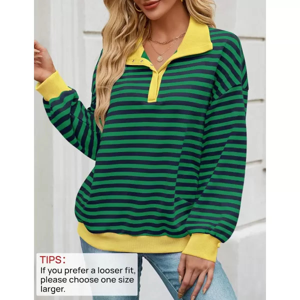 ZESICA Sweatshirts for Womens Long Sleeve Lapel V Neck Striped Oversized TopsDark Green