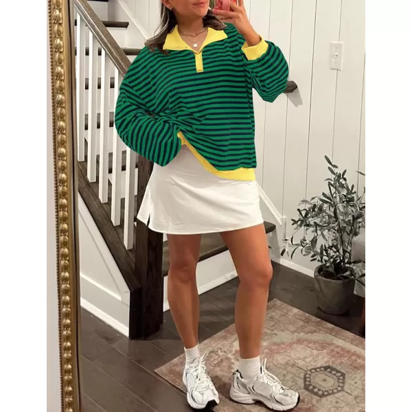ZESICA Sweatshirts for Womens Long Sleeve Lapel V Neck Striped Oversized TopsDark Green
