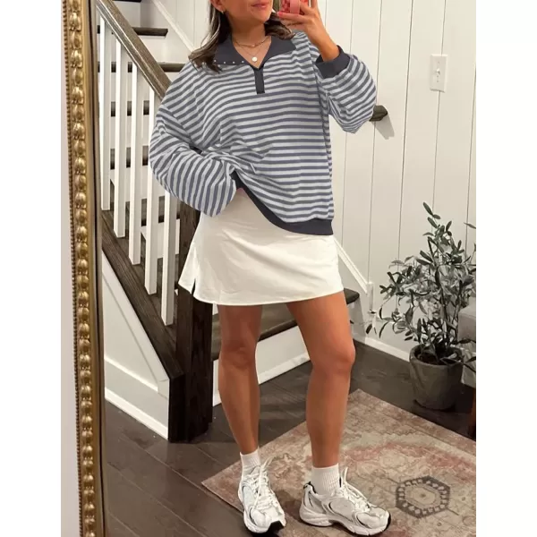 ZESICA Sweatshirts for Womens Long Sleeve Lapel V Neck Striped Oversized TopsDark Grey