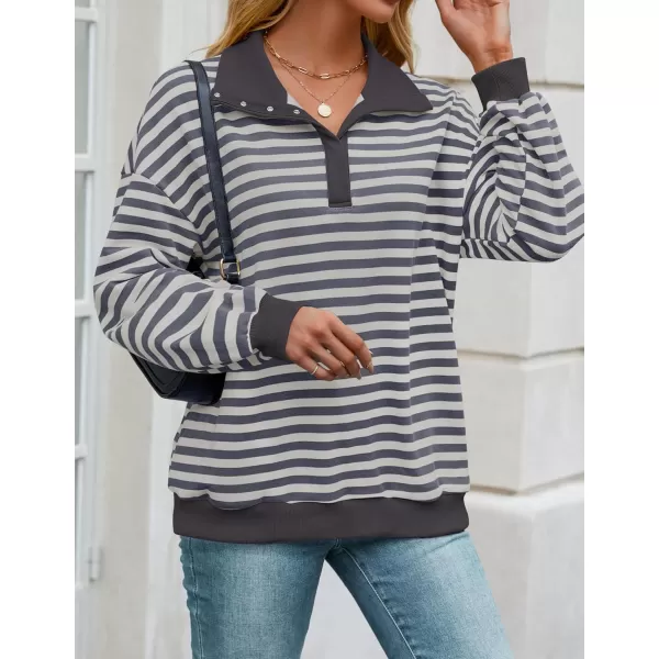 ZESICA Sweatshirts for Womens Long Sleeve Lapel V Neck Striped Oversized TopsDark Grey
