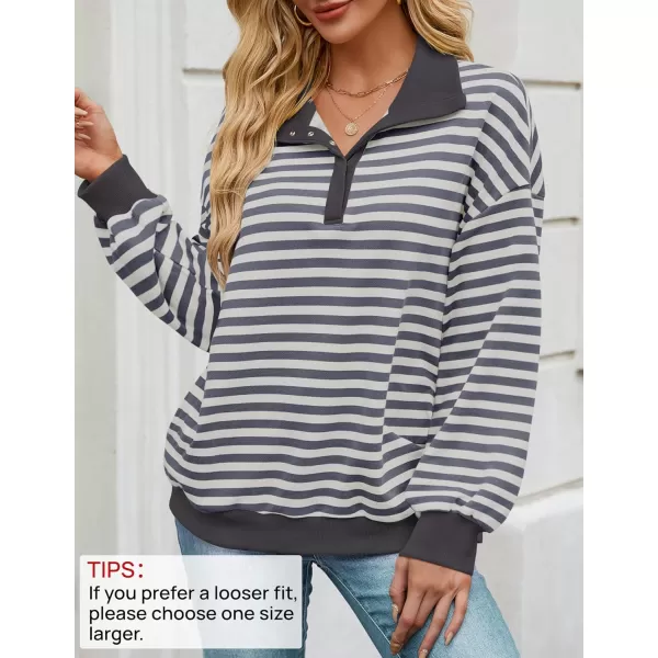 ZESICA Sweatshirts for Womens Long Sleeve Lapel V Neck Striped Oversized TopsDark Grey