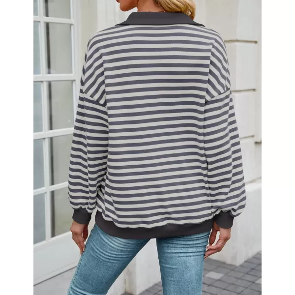 ZESICA Sweatshirts for Womens Long Sleeve Lapel V Neck Striped Oversized TopsDark Grey