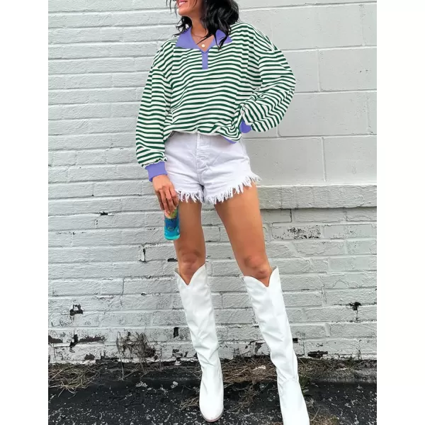 ZESICA Sweatshirts for Womens Long Sleeve Lapel V Neck Striped Oversized TopsGreen
