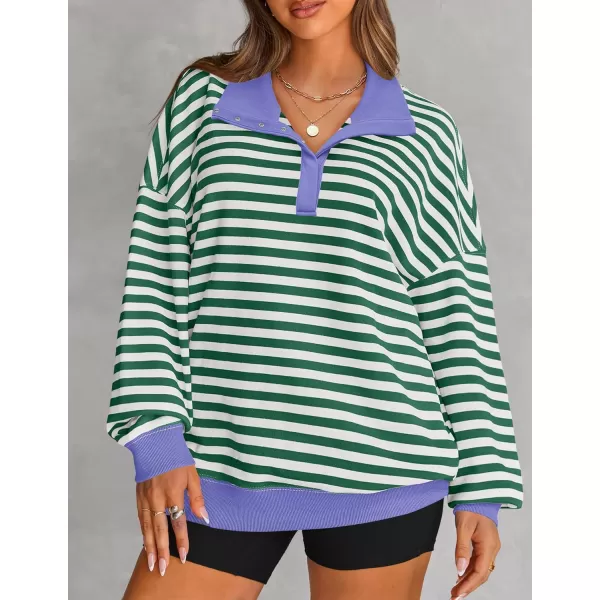ZESICA Sweatshirts for Womens Long Sleeve Lapel V Neck Striped Oversized TopsGreen