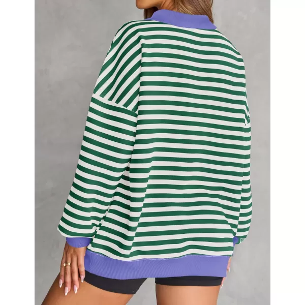 ZESICA Sweatshirts for Womens Long Sleeve Lapel V Neck Striped Oversized TopsGreen