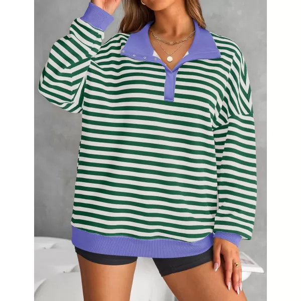 ZESICA Sweatshirts for Womens Long Sleeve Lapel V Neck Striped Oversized TopsGreen