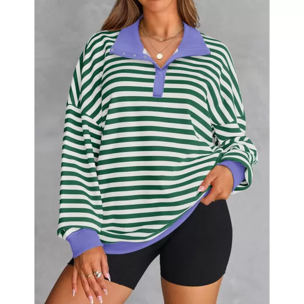 ZESICA Sweatshirts for Womens Long Sleeve Lapel V Neck Striped Oversized TopsGreen