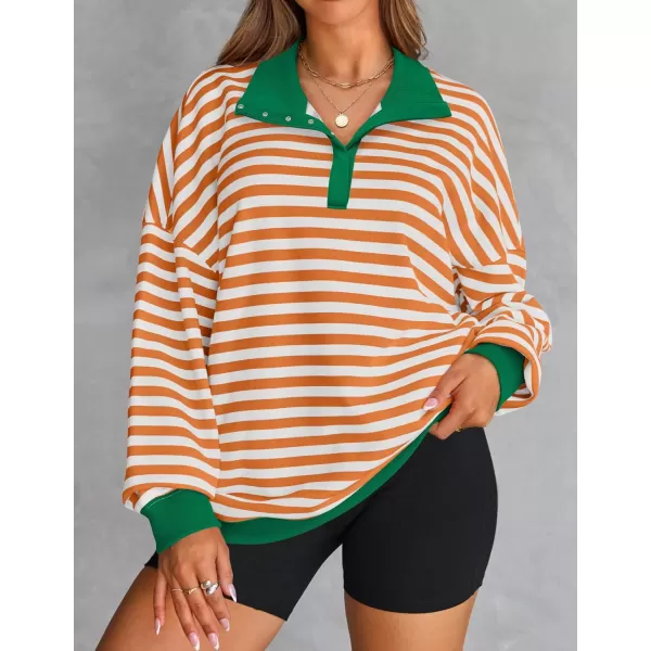 ZESICA Sweatshirts for Womens Long Sleeve Lapel V Neck Striped Oversized TopsOrange