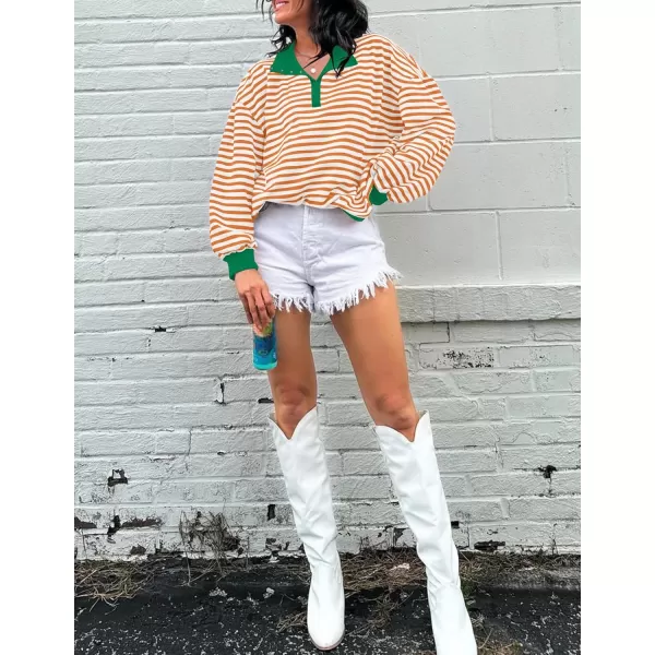 ZESICA Sweatshirts for Womens Long Sleeve Lapel V Neck Striped Oversized TopsOrange