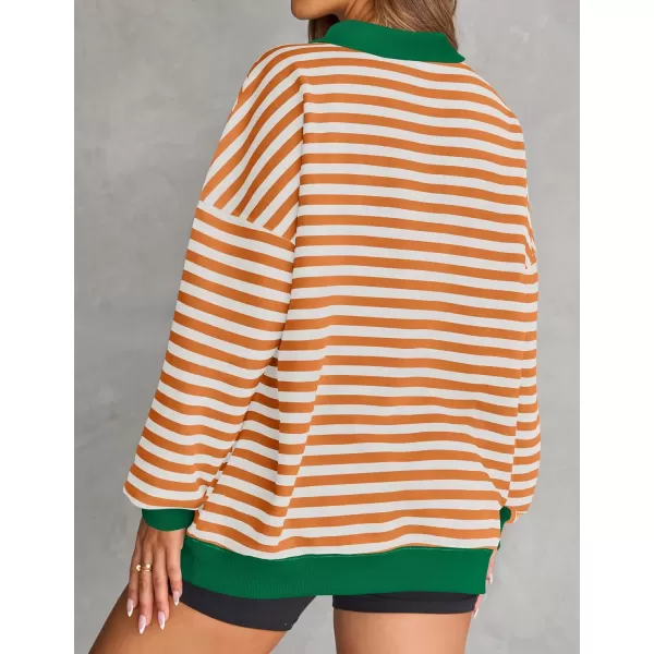 ZESICA Sweatshirts for Womens Long Sleeve Lapel V Neck Striped Oversized TopsOrange