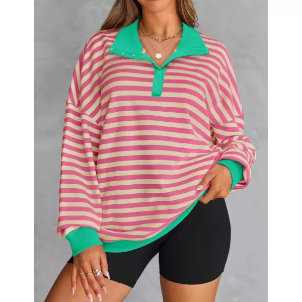 ZESICA Sweatshirts for Womens Long Sleeve Lapel V Neck Striped Oversized TopsPink