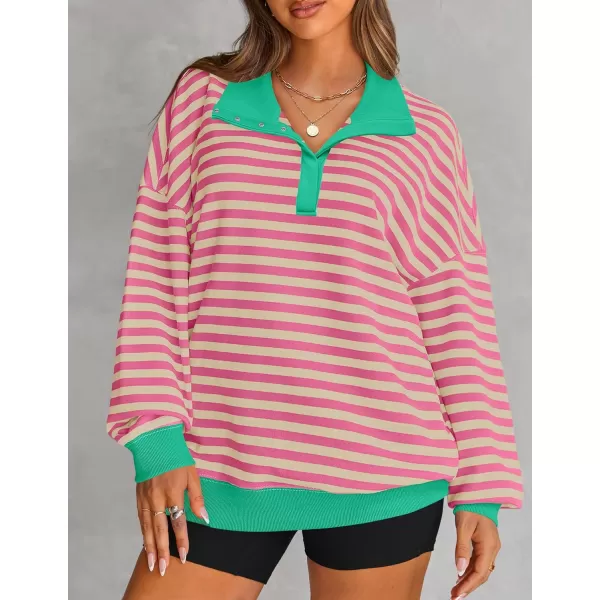 ZESICA Sweatshirts for Womens Long Sleeve Lapel V Neck Striped Oversized TopsPink