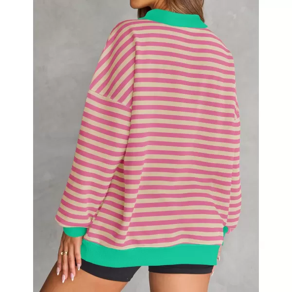 ZESICA Sweatshirts for Womens Long Sleeve Lapel V Neck Striped Oversized TopsPink
