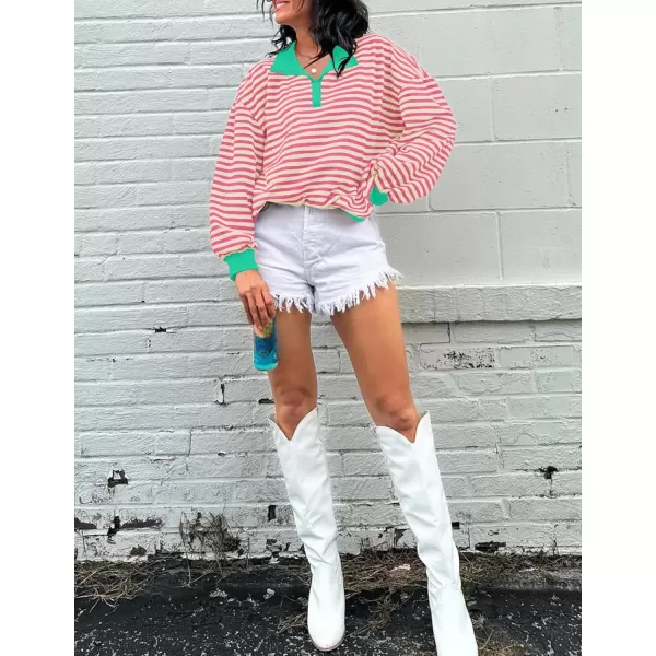 ZESICA Sweatshirts for Womens Long Sleeve Lapel V Neck Striped Oversized TopsPink