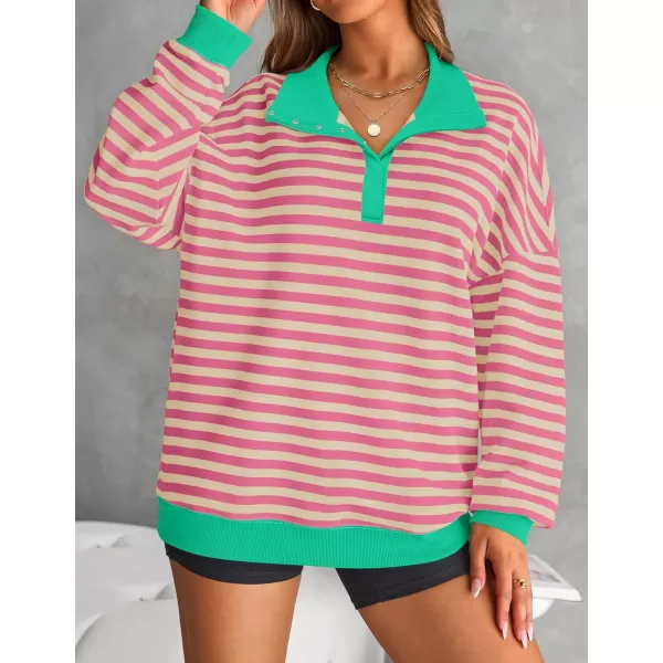 ZESICA Sweatshirts for Womens Long Sleeve Lapel V Neck Striped Oversized TopsPink
