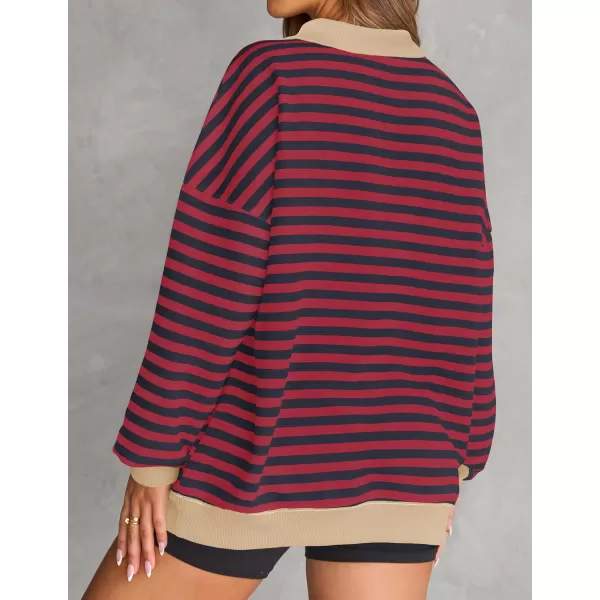 ZESICA Sweatshirts for Womens Long Sleeve Lapel V Neck Striped Oversized TopsRed