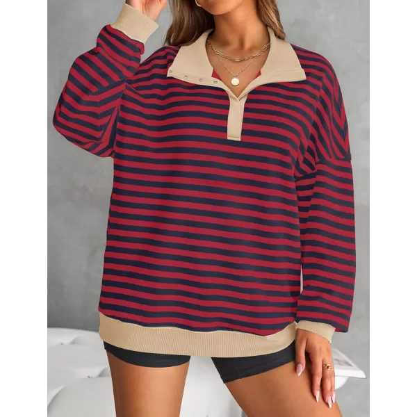 ZESICA Sweatshirts for Womens Long Sleeve Lapel V Neck Striped Oversized TopsRed