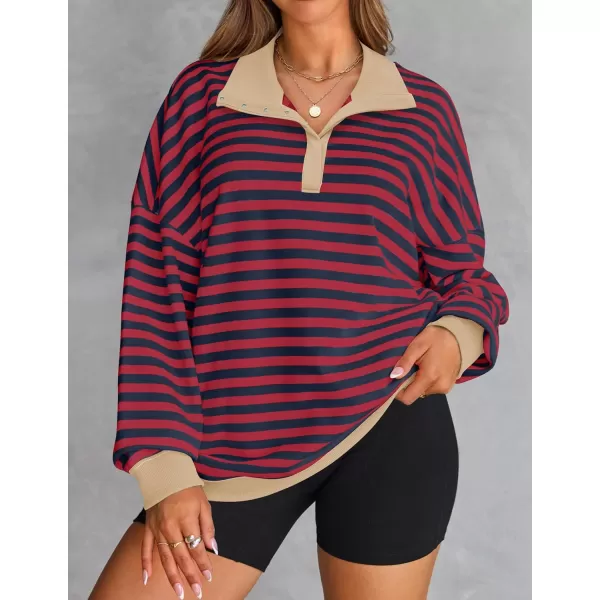 ZESICA Sweatshirts for Womens Long Sleeve Lapel V Neck Striped Oversized TopsRed