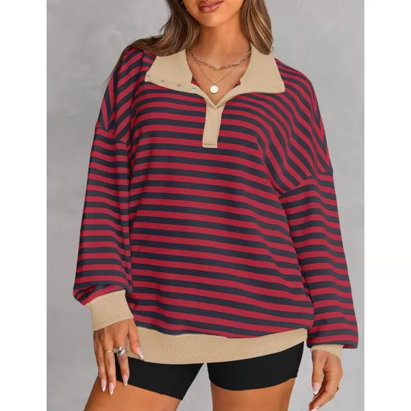 ZESICA Sweatshirts for Womens Long Sleeve Lapel V Neck Striped Oversized TopsRed