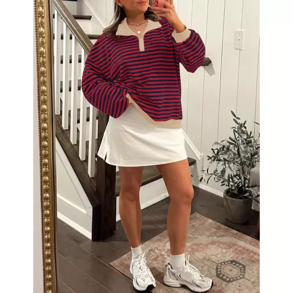 ZESICA Sweatshirts for Womens Long Sleeve Lapel V Neck Striped Oversized TopsRed