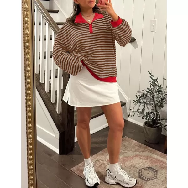 ZESICA Sweatshirts for Womens Long Sleeve Lapel V Neck Striped Oversized TopsRed Brown