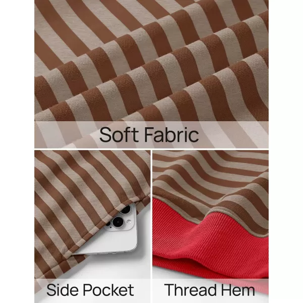 ZESICA Sweatshirts for Womens Long Sleeve Lapel V Neck Striped Oversized TopsRed Brown