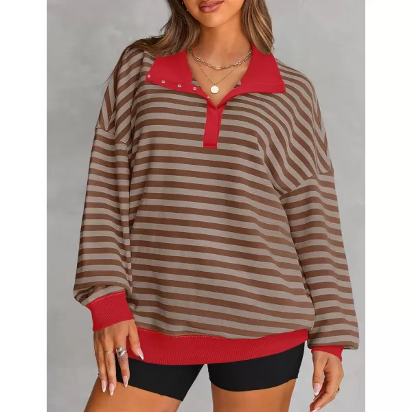 ZESICA Sweatshirts for Womens Long Sleeve Lapel V Neck Striped Oversized TopsRed Brown