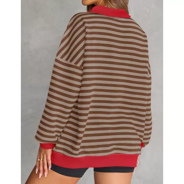 ZESICA Sweatshirts for Womens Long Sleeve Lapel V Neck Striped Oversized TopsRed Brown