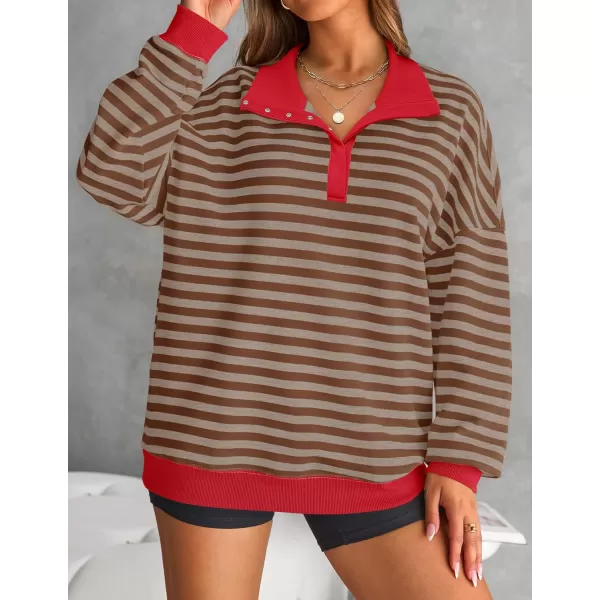 ZESICA Sweatshirts for Womens Long Sleeve Lapel V Neck Striped Oversized TopsRed Brown