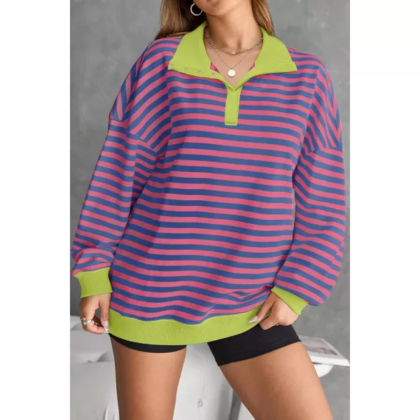 ZESICA Sweatshirts for Womens Long Sleeve Lapel V Neck Striped Oversized TopsRose